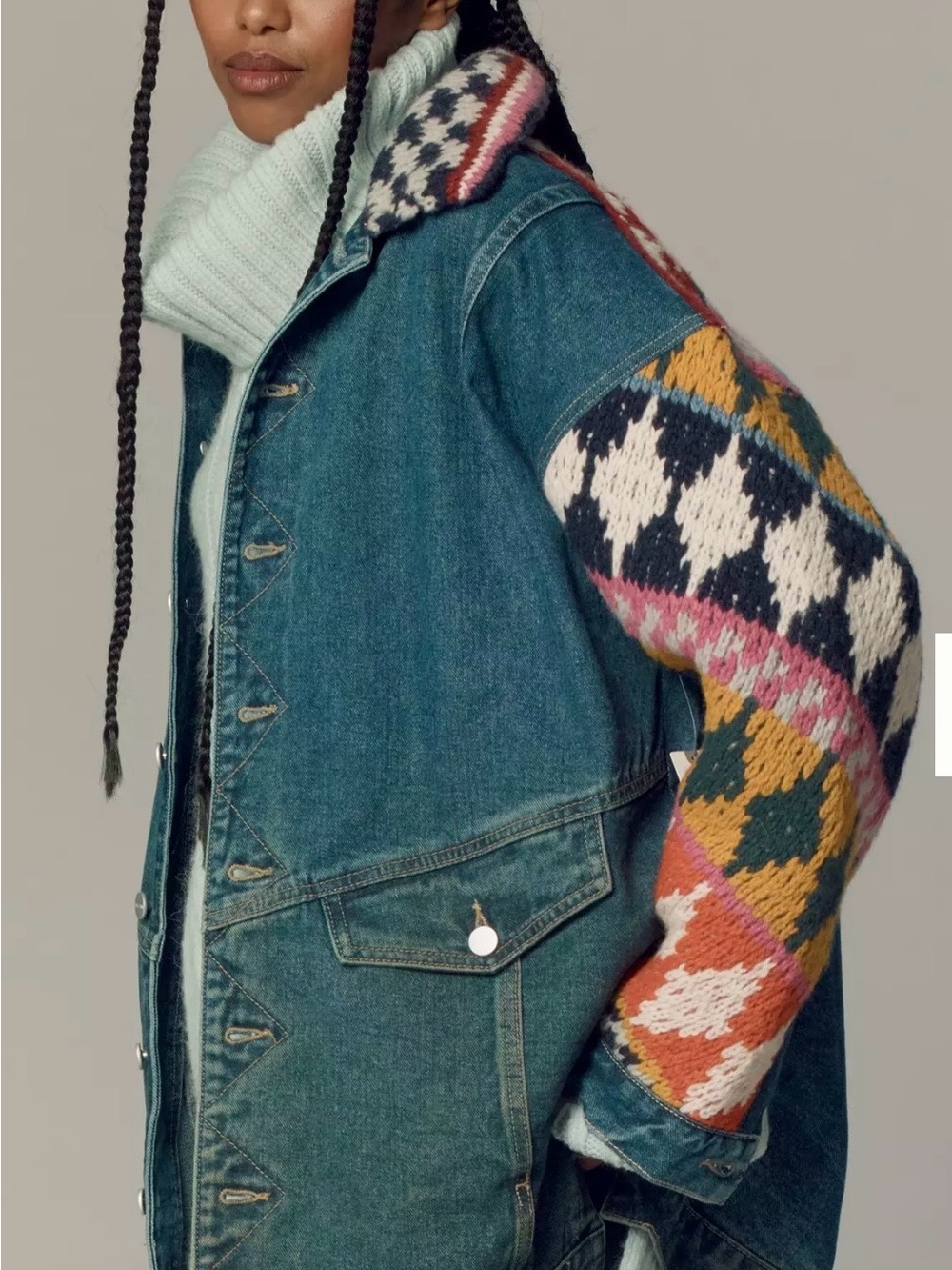 Anthropologie Pilco Denim Jacket with Multicolored Knit Sleeves - Women's Large